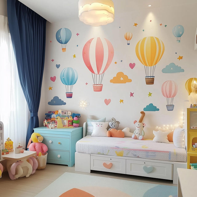 Hot Air Balloon Wall Decals | Whimsical Nursery Decor | Colorful Clouds and Hearts Stickers | Removable Balloons Kids Room Wall Art