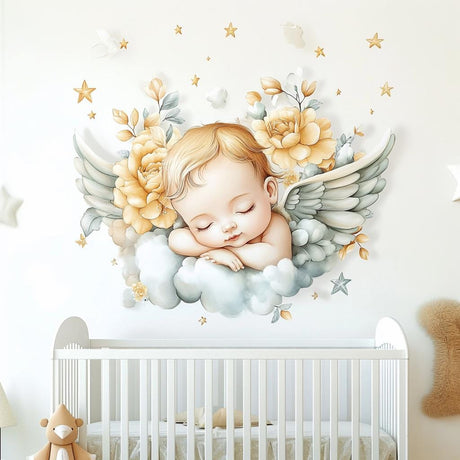 Angel Baby Wall Mural | Nursery Wall Decal with Flowers and Wings | Serene Baby Room Sticker Decor | Removable Vinyl Wall Art