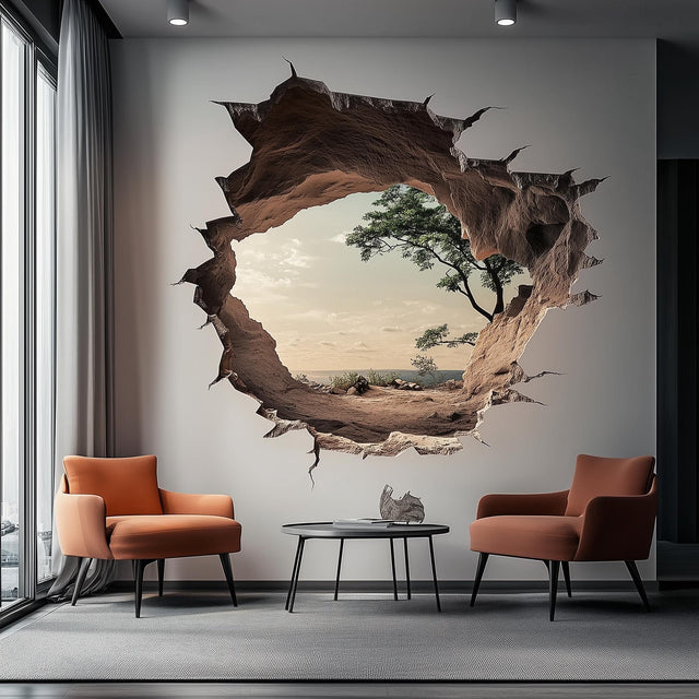 3D Cracked Wall Decal | Realistic Nature View Wall Sticker | Optical Illusion Vinyl Mural | Large Peel Stick Landscape Decor Modern Wall Art