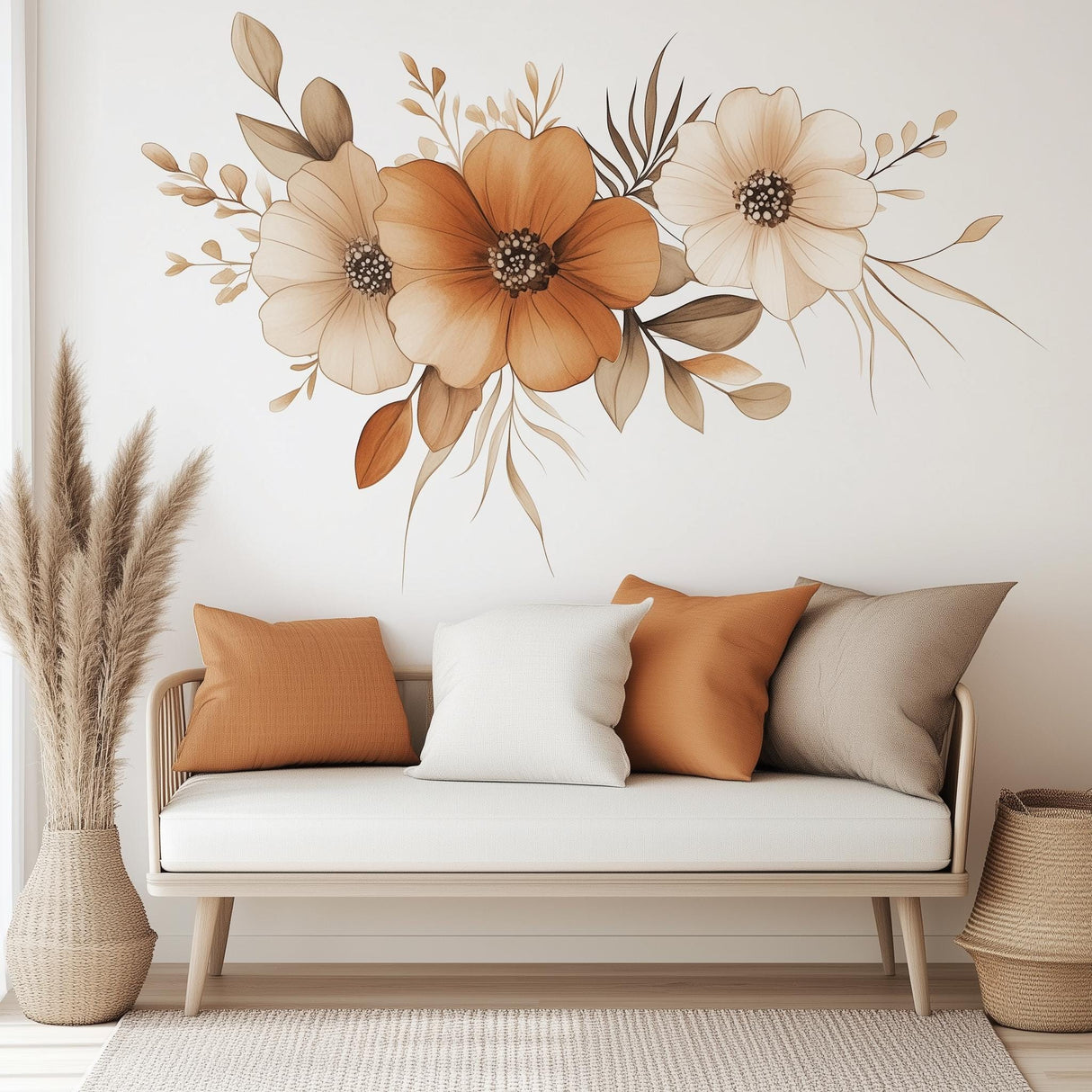 Boho Floral Wall Decal | Watercolor Flower Vinyl Sticker | Warm-Tone Botanical Mural | Aesthetic Living Room & Bedroom Decor | Peel Stick