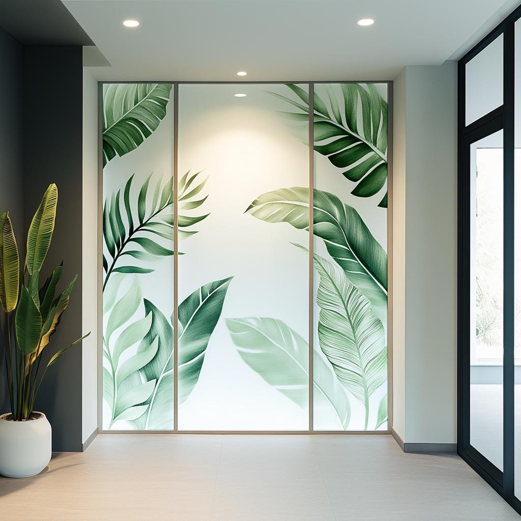 Tropical Leaf Frosted Glass Sticker | Printed Privacy Window Film | Etched Vinyl Decal for Office | Glass Cover | Botanical Window Decor