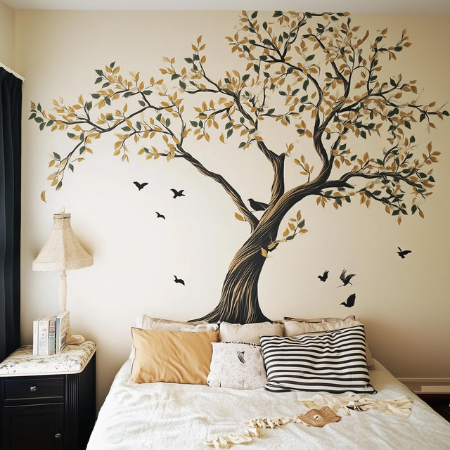 Large Tree Wall Decal | Elegant Botanical Vinyl Mural | Bedroom Living Room Nature Decor | Birds Leaves Wall Art | Peel and Stick Sticker
