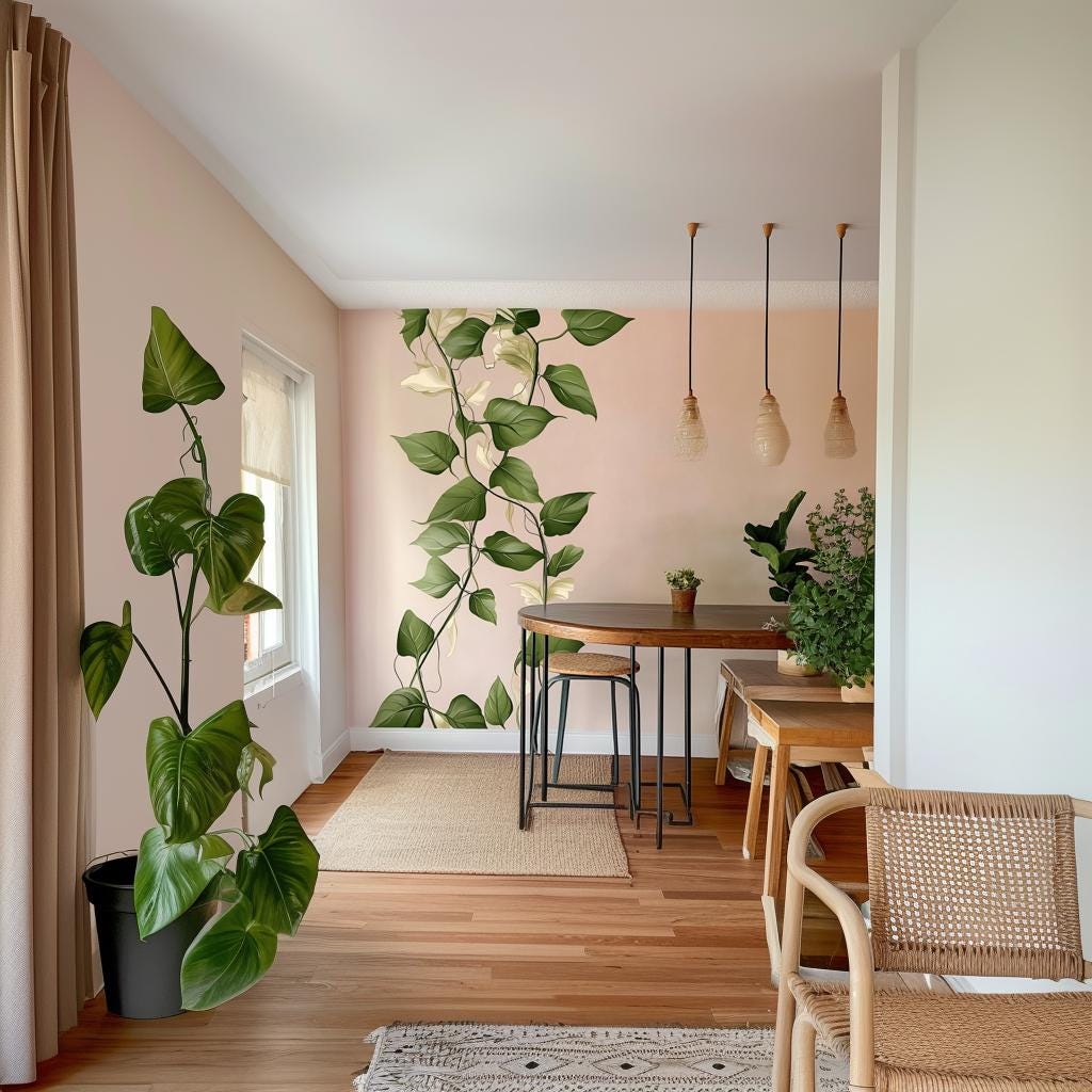 Climbing Vine Wall Decal Sticker | Vertical Leaf Wall Decor | Green Cream Botanical Wall Art | Removable Wall Sticker | Nature Home Decor