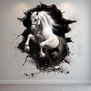 White horse wall decal emerging through a broken-wall opening
