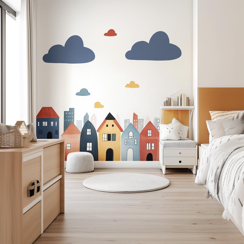 Colorful Town Wall Decal | Whimsical Cityscape Nursery Wall Sticker Art | Removable Kids Room Wall Sticker | Playful House Wall Decor
