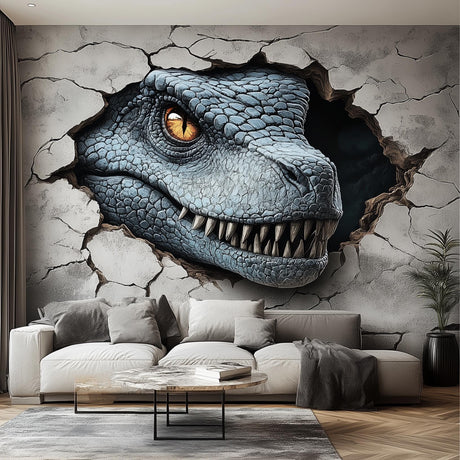 3D Dinosaur Wall Mural | Realistic Blue Raptor Wall Decal | Jurassic Room Decor | Kids Dinosaur Sticker | Large Dinosaur Art for Living Room