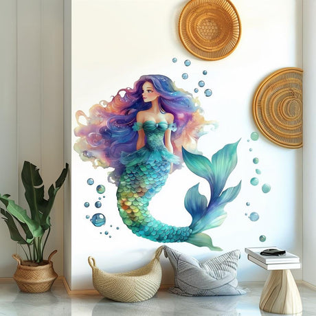 Beautiful Mermaid Wall Decal | Colorful 3D Ocean Theme Sticker | Girls Room Decor | Fantasy Vinyl Art for Kids Bedroom or Playroom