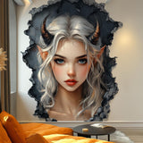 Fantasy Elf Wall Decal | 3D Cracked Wall Sticker | Gothic Aesthetic Home Decor | Demon Girl Vinyl Mural | Unique Bedroom Art Peel Stick