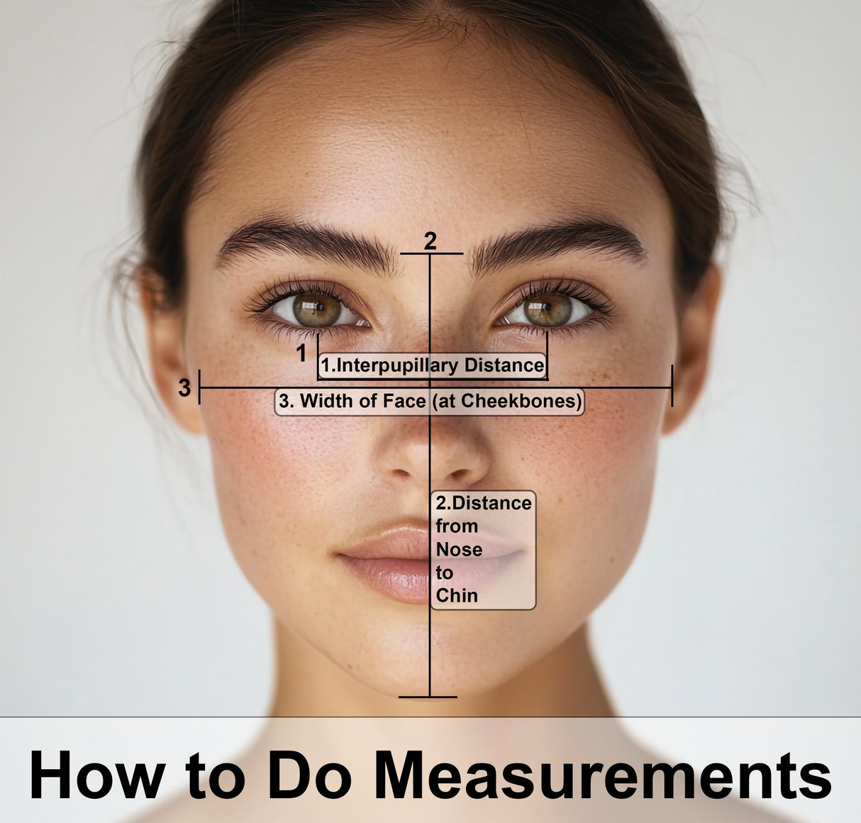 Diagram showing how to measure facial dimensions: interpupillary distance, width at cheekbones, and nose-to-chin length.