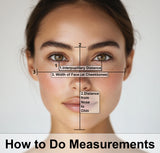 Diagram showing how to measure facial dimensions: interpupillary distance, width at cheekbones, and nose-to-chin length.