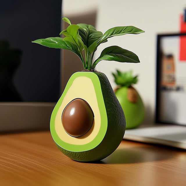 Cute avocado plant pot decoration with a green plant, perfect for indoor succulent display and quirky home accessory.