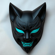 Black 3D printed cyber Kitsune mask with angular fox features and samurai-inspired contours.