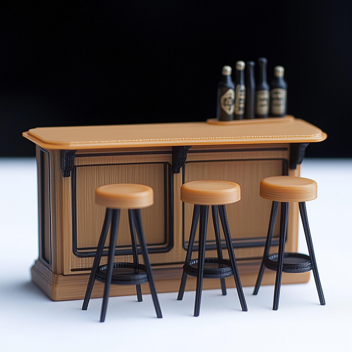 Miniature bar counter set with stools for dollhouse pub scene, featuring detailed design and realistic finishes.