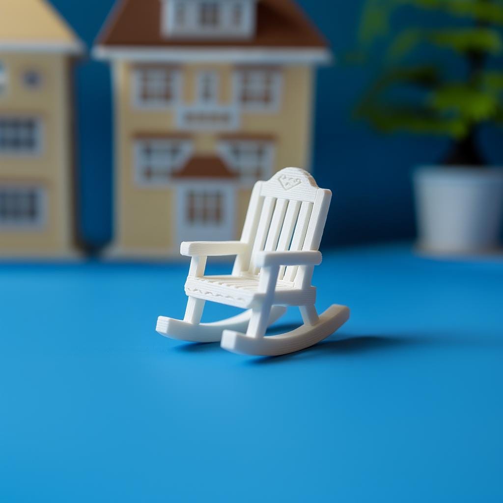 Miniature white rocking chair for 1:12 scale dollhouse furniture, featuring a classic wooden slat design.