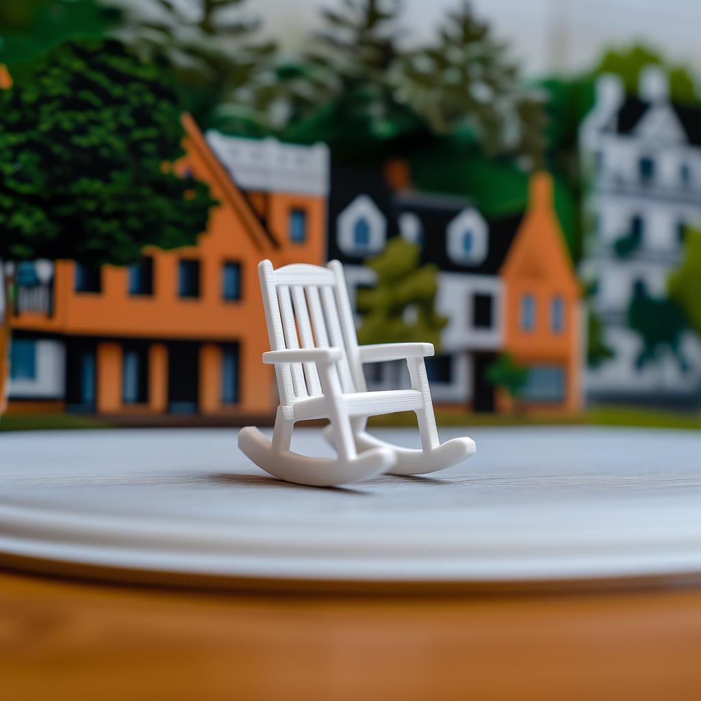 Miniature rocking chair in white, perfect for 1:12 scale dollhouse decor and dioramas.