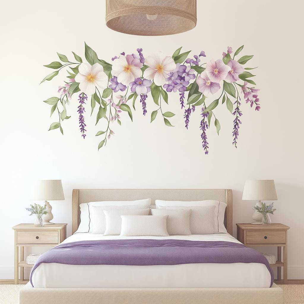 Floral Wall Decal | Watercolor Flower Wall Sticker | Boho Bedroom Wall Art | Botanical Peel Stick Mural | Elegant Home Decor Removable Vinyl