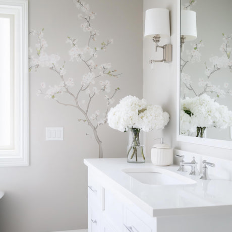 Chinoiserie Blossom Wall Decal | Elegant Floral Tree Vinyl Sticker | Light Gray Botanical Mural | Luxury Bathroom & Bedroom Decor