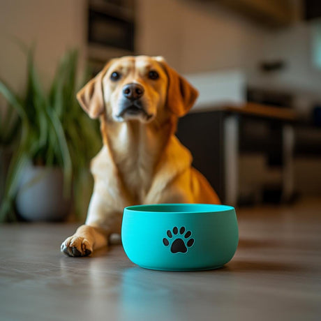 3D printed dog bowl in teal color with paw print design and a dog in the background.