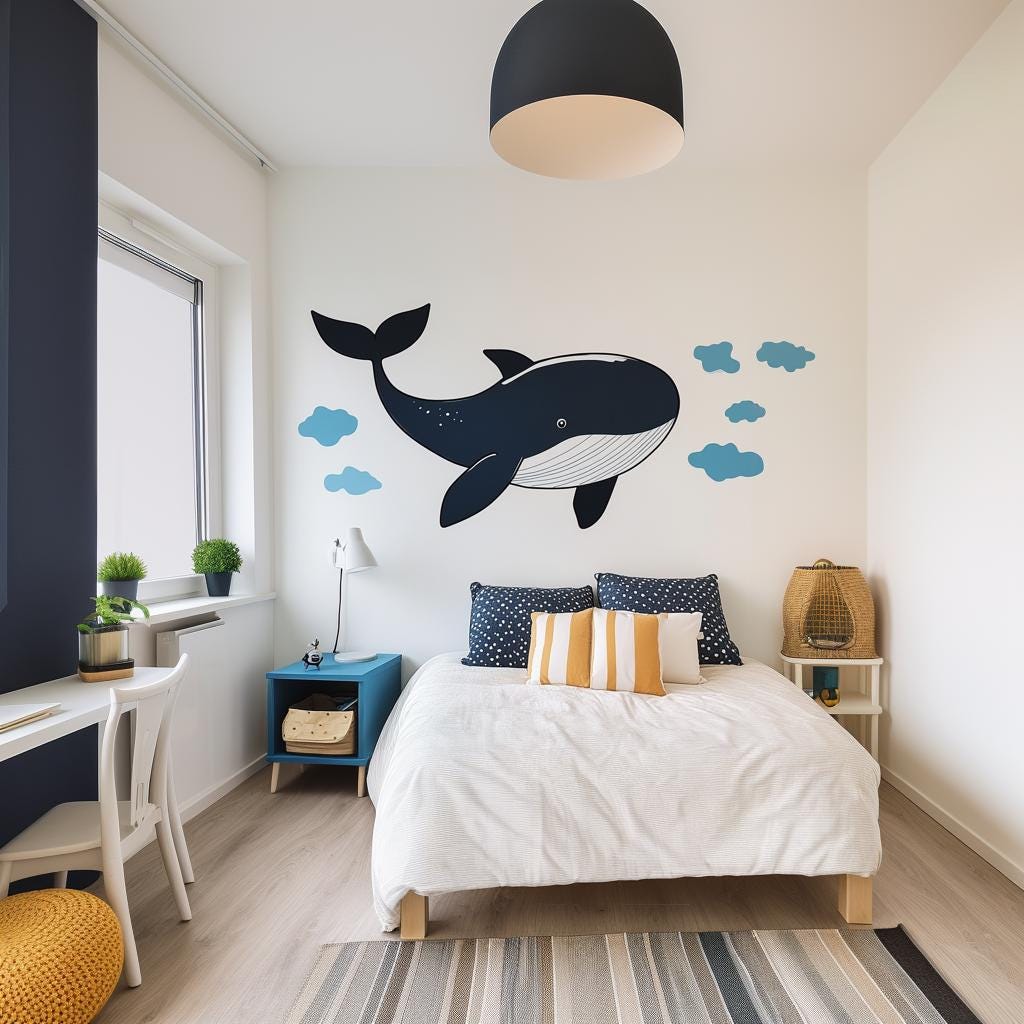 Whale Wall Decal | Ocean Theme Nursery Vinyl Sticker | Cute Sea Animal Mural | Boys Bedroom Wall Art | Kids Room Decor | Peel & Stick