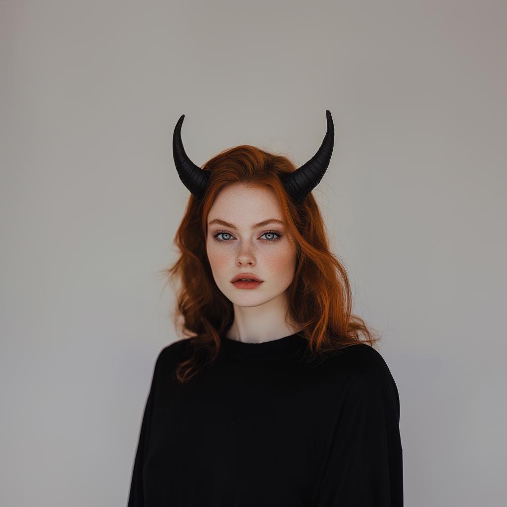 Model wearing small 3D printed demon horns, showcasing gothic costume accessories and dark fantasy aesthetics.