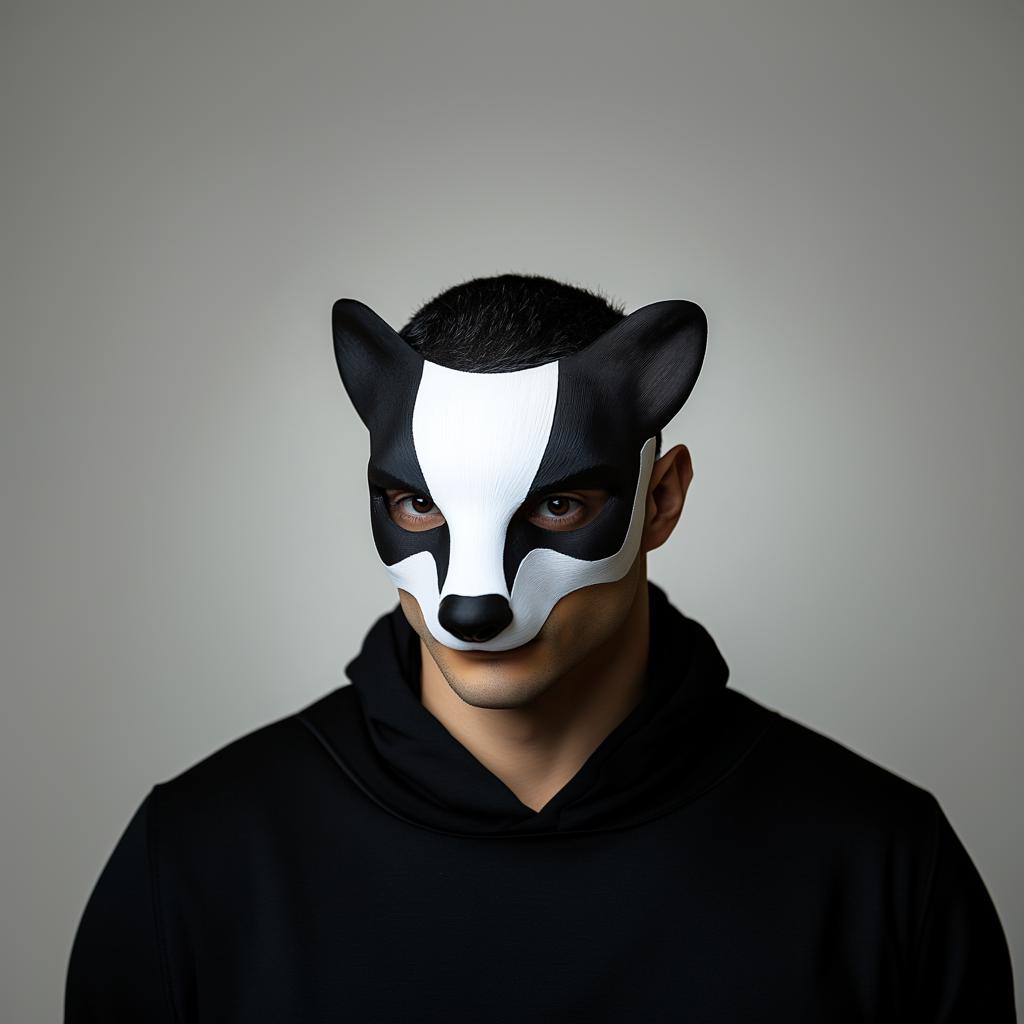 3D-printed badger mask on a person, showcasing distinctive black-and-white markings for cosplay and Halloween.