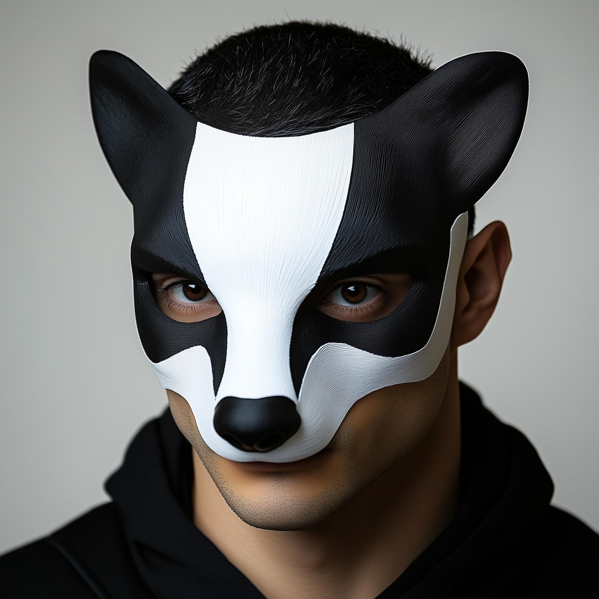 3D-printed badger mask for cosplay, featuring black-and-white markings, ideal for Halloween and masquerade parties.