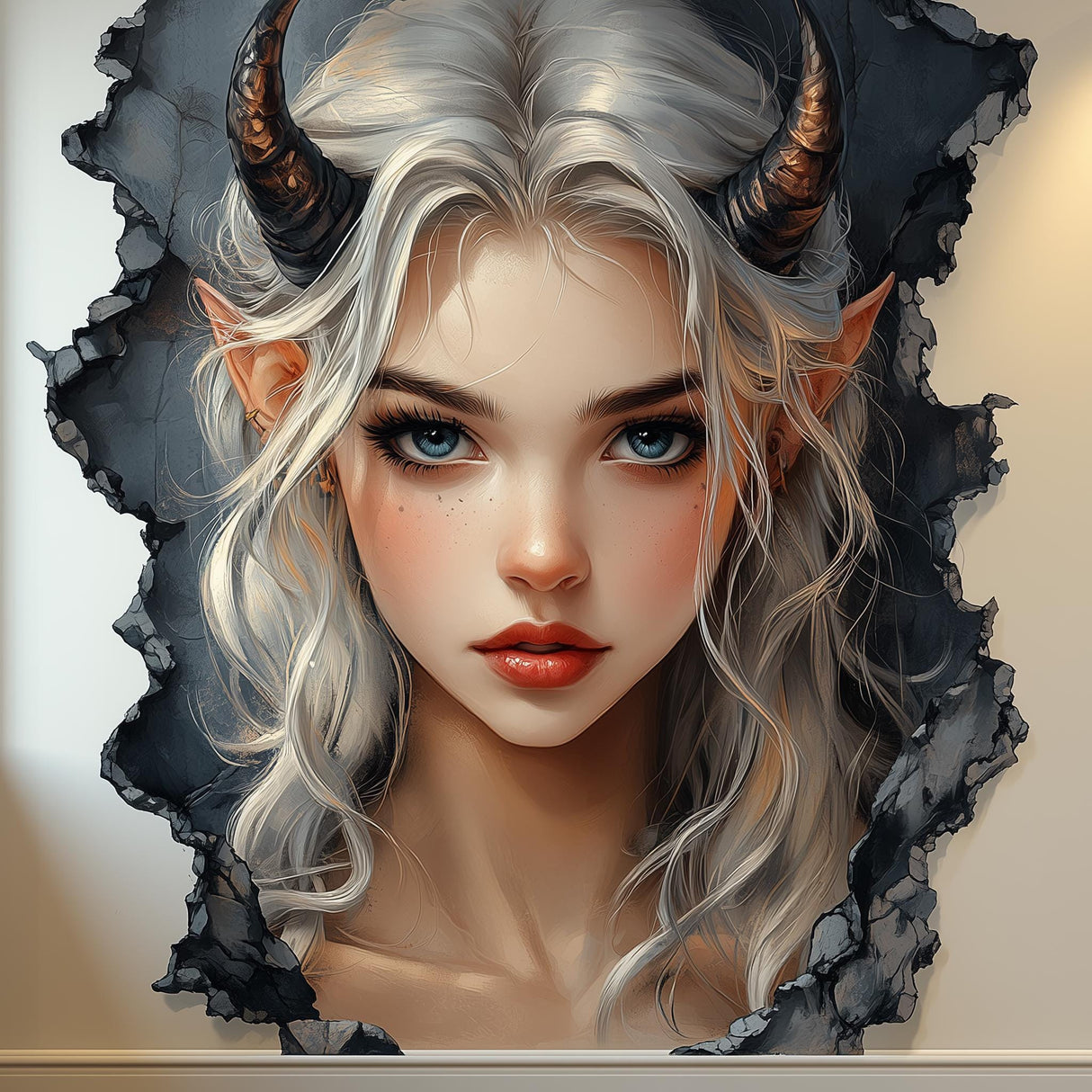 Fantasy Elf Wall Decal | 3D Cracked Wall Sticker | Gothic Aesthetic Home Decor | Demon Girl Vinyl Mural | Unique Bedroom Art Peel Stick