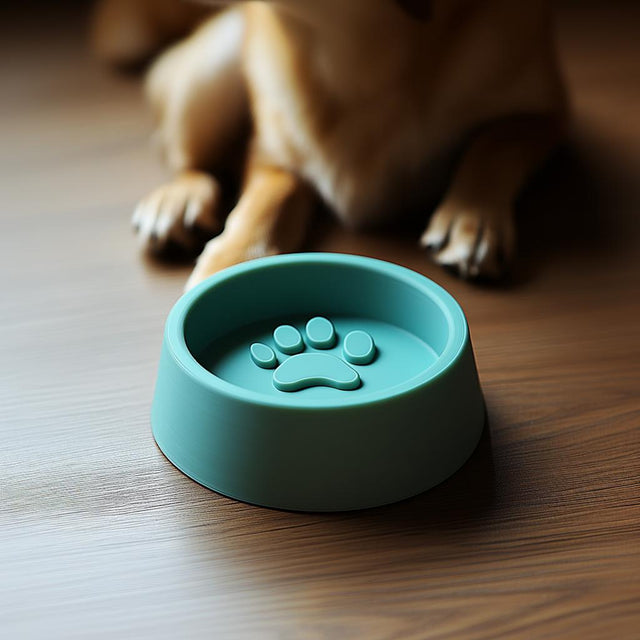 3D printed teal dog bowl with raised paw print design.