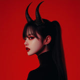 3D printed demon horns headpiece worn by a model against a red background, perfect for gothic cosplay or Halloween.