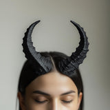 Textured 3D-printed demon horns, perfect for cosplay, Halloween, and LARP, showcasing a detailed and mystical design.