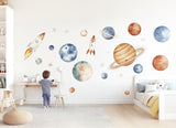 Watercolor Space Wall Decals | Planet Rocket Nursery Wall Stickers | Outer Space Decor for Kids Room | Celestial Wall Art Mural