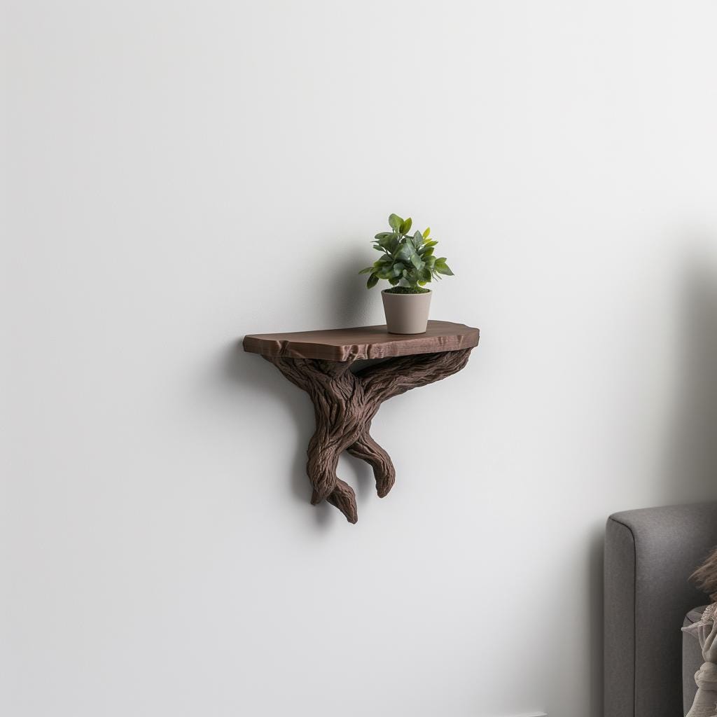 Tree branch wall shelf with plant, showcasing rustic and nature-inspired design for home decor.
