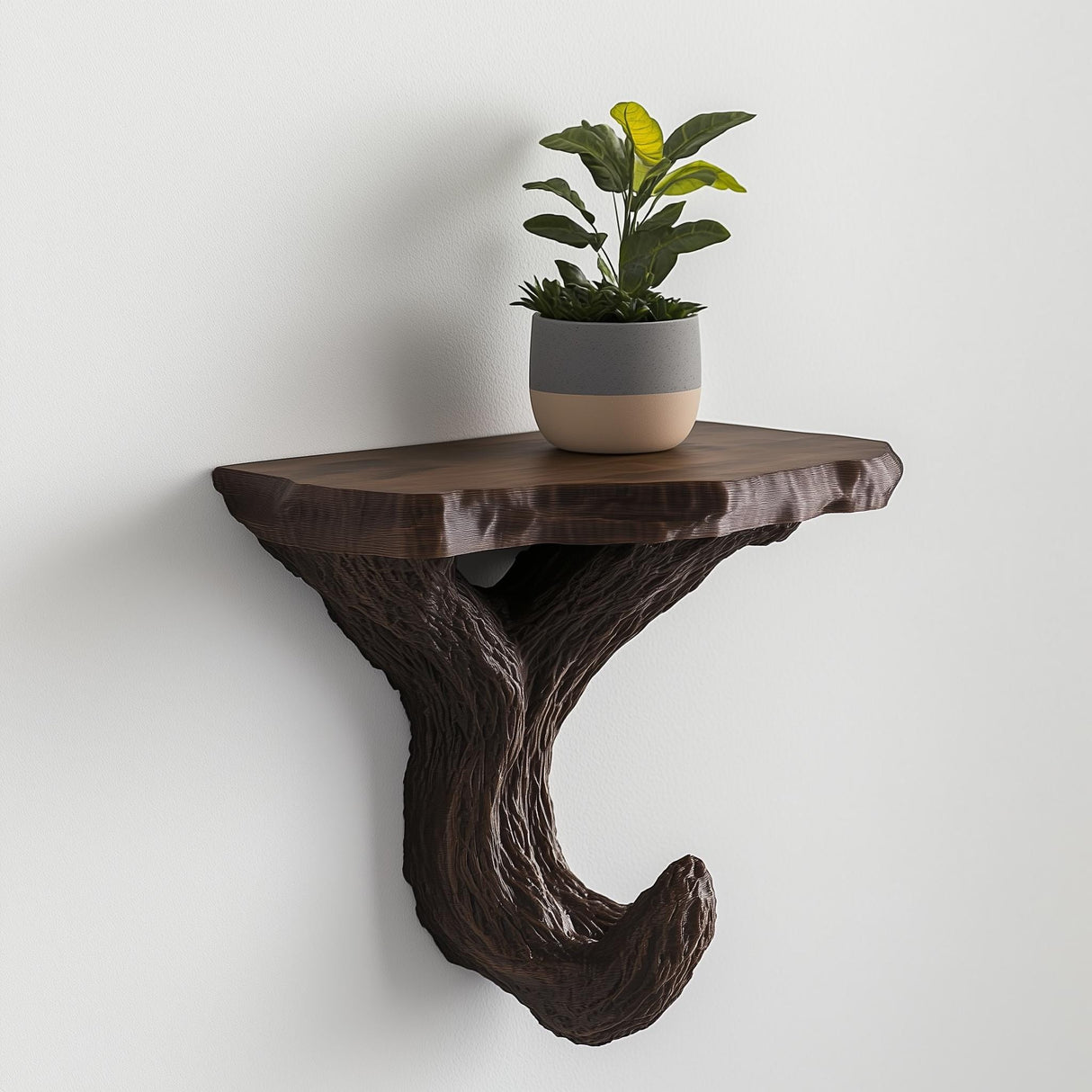 Brown 3D printed wall shelf designed like a branching tree structure, mounted on a white wall and holding a small potted plant.