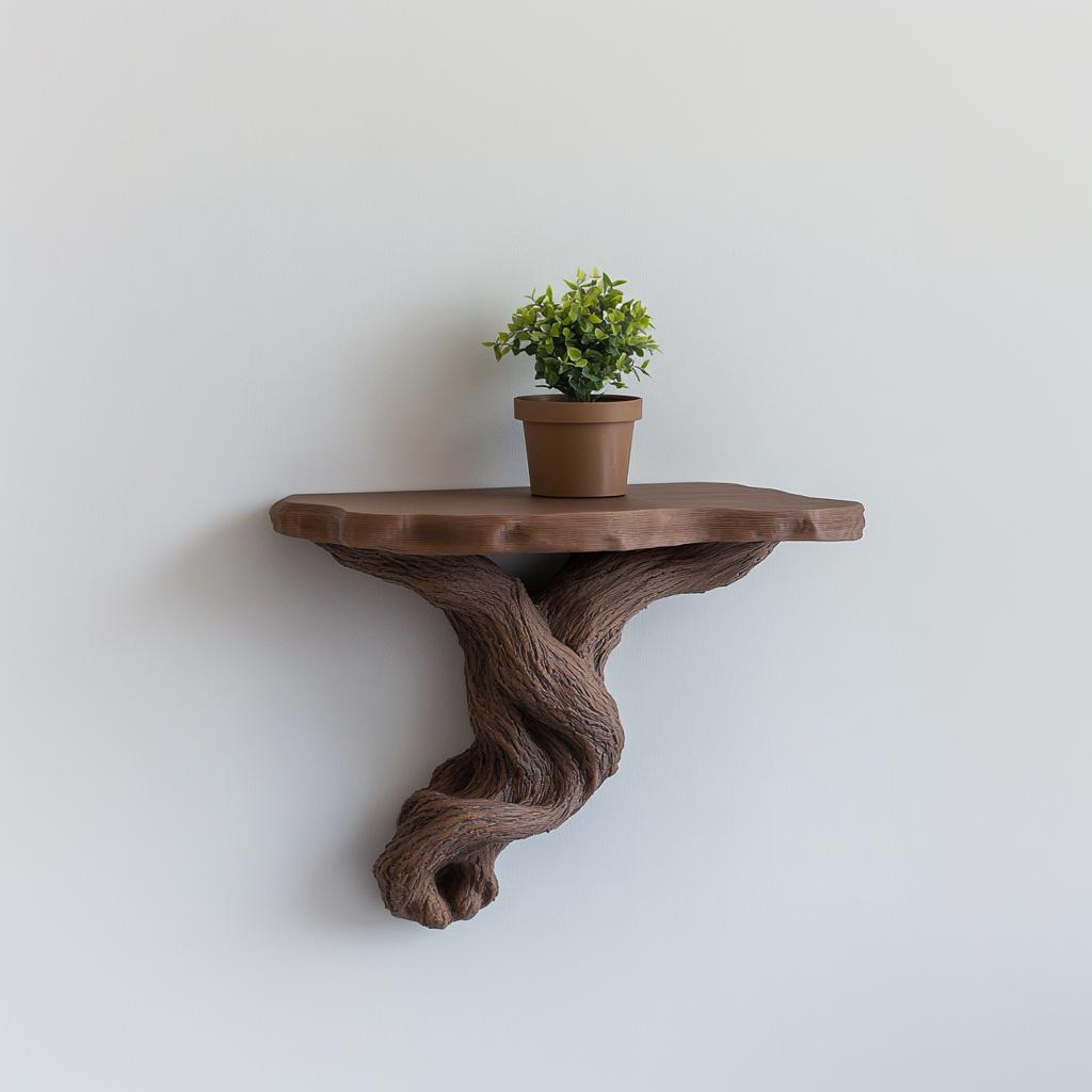 3D printed tree root floating shelf with a plant pot, rustic wall decor blending nature and art.