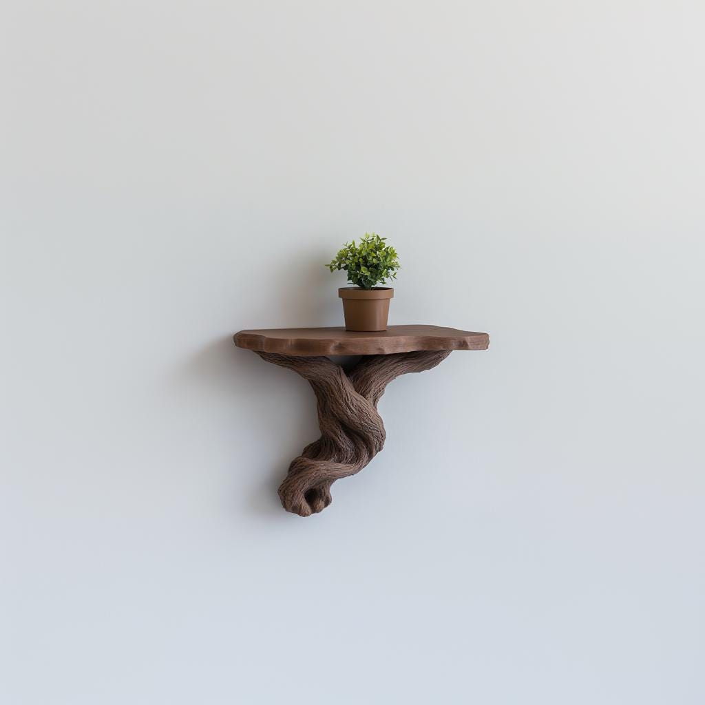 3D printed tree root floating shelf with a small plant, showcasing rustic wall decor and nature-inspired design.