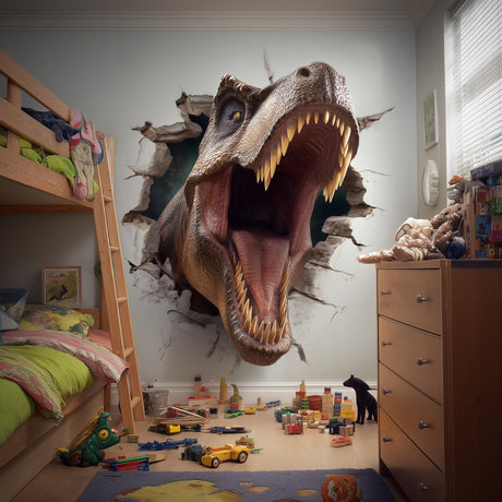 3D wall decal of a roaring T-Rex dinosaur breaking through a wall in a child’s bedroom, surrounded by a bunk bed, colorful bedding, toys, and wooden furniture, creating an adventurous Jurassic-themed space.