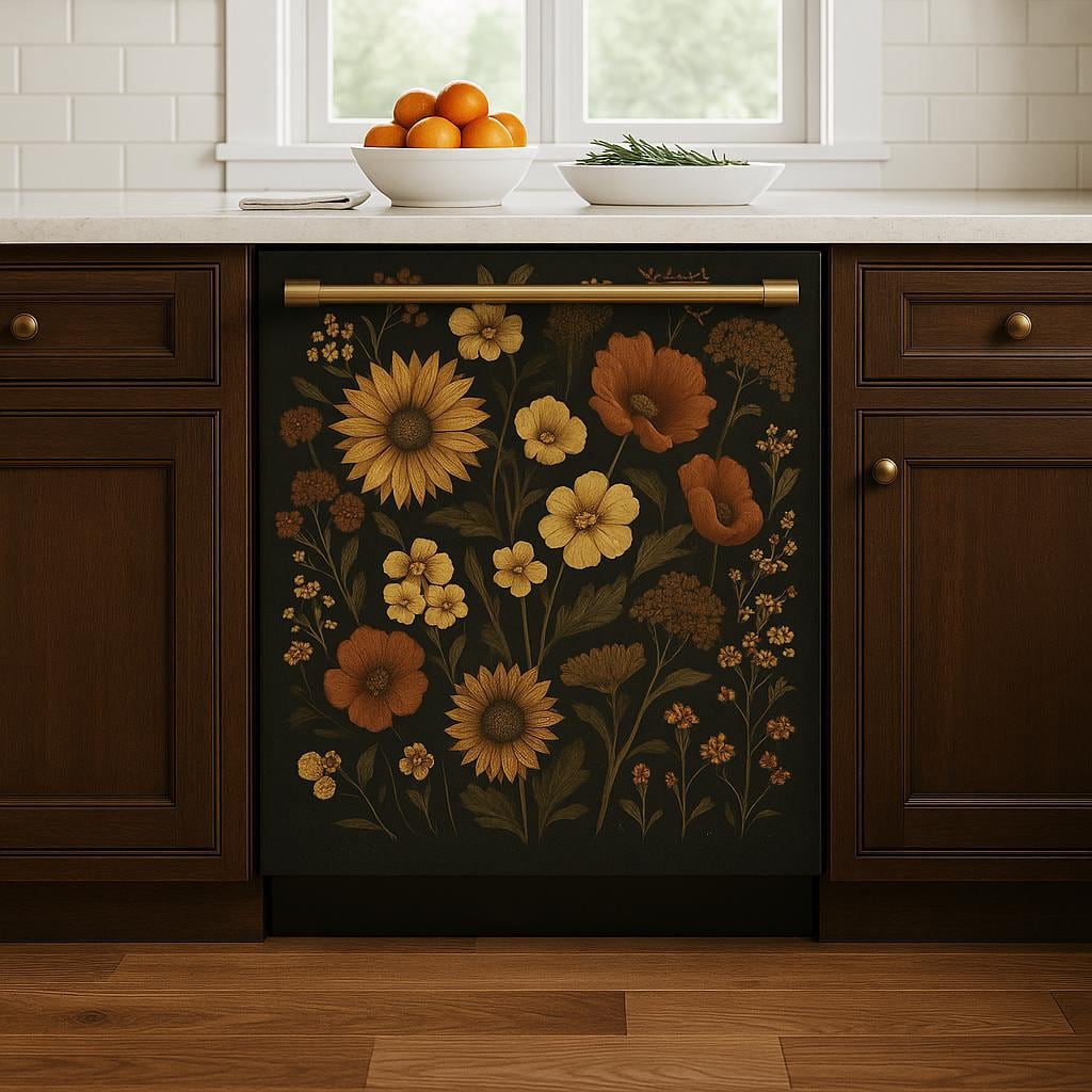 Vintage floral dishwasher cover with sunflowers and poppies against a dark background in a cozy kitchen setting.