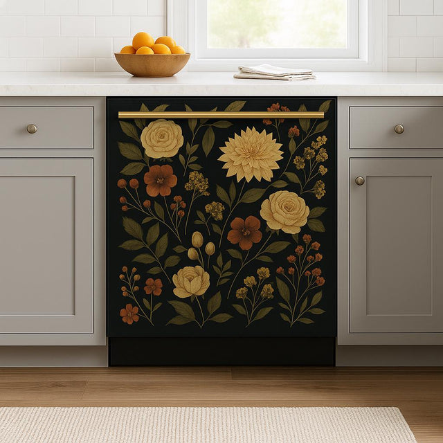 A cozy kitchen with a soft gray cabinet layout and a dishwasher decorated with a dark floral decal featuring golden yellow roses, dahlias, orange blossoms, and leafy green stems, adding vintage botanical charm to the room.