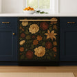 A navy kitchen features a dishwasher panel wrapped in a dark floral decal with detailed illustrations of vintage roses, lilies, and golden blooms, creating a warm, romantic focal point beneath a white countertop.