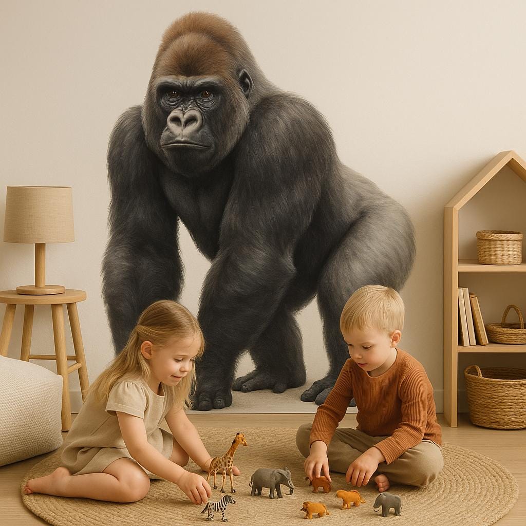 A children's playroom with a large, realistic gorilla wall decal on a beige wall; two young kids sit on a circular rug playing with jungle animal figurines in front of the decal.