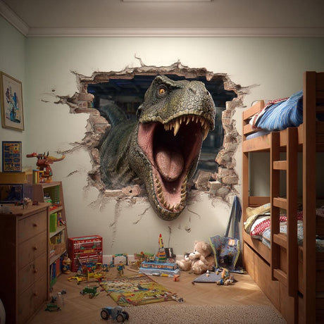 Hyper-realistic wall decal of a roaring T-Rex bursting through a faux brick hole in a child’s bedroom wall, surrounded by toys and bunk beds, creating a dramatic 3D effect.