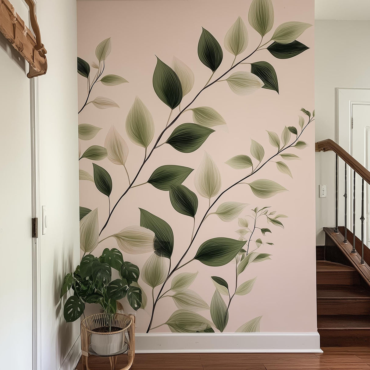 Vertical Vine Leaf Wall Decal | Botanical Wall Sticker with No Background | Greenery Mural for Hallway Entryway | Removable Vinyl Leaf Decor