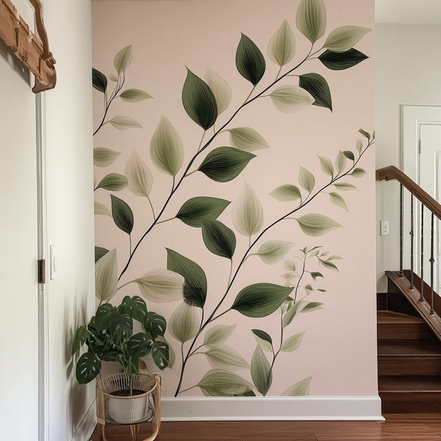 Vertical Vine Leaf Wall Decal | Botanical Wall Sticker with No Background | Greenery Mural for Hallway Entryway | Removable Vinyl Leaf Decor