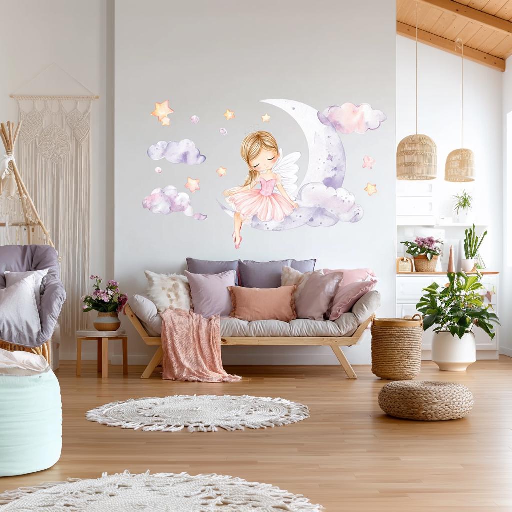 Fairy Ballerina Wall Decal | Princess on the Moon Sticker | Nursery Wall Art Baby Girl | Clouds and Stars Wall Decor | Removable Vinyl Mural