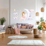 Fairy Ballerina Wall Decal | Princess on the Moon Sticker | Nursery Wall Art Baby Girl | Clouds and Stars Wall Decor | Removable Vinyl Mural