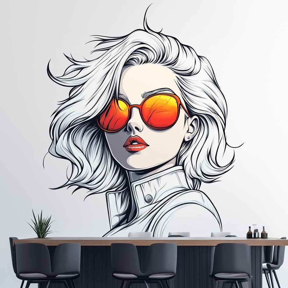 Stylish Woman Wall Decal | Pop Art Wall Sticker | Retro Female Portrait | Vinyl Mural for Office, Studio Bar Decor | Modern Graphic Wall Art
