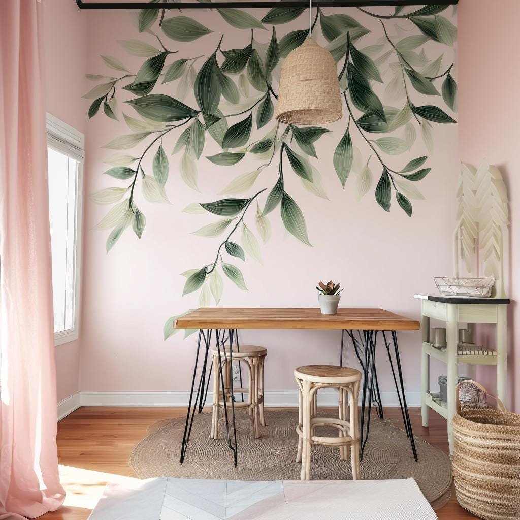 Large Vine Leaves Wall Decal | Botanical Wall Sticker | No Background | Removable Vinyl Mural | Modern Nature Wall Art | Dining Room Decor