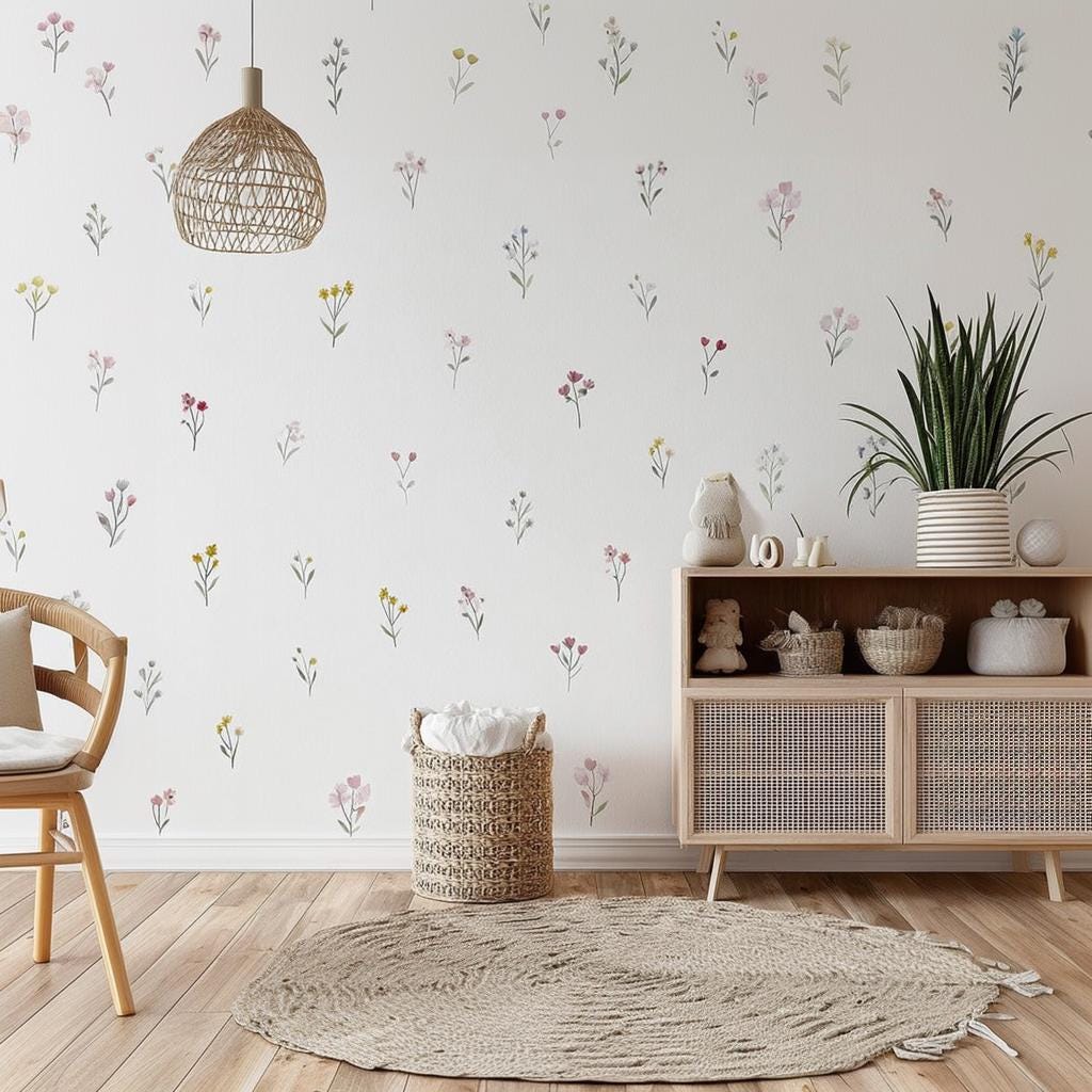Watercolor Flower Wall Decals | Botanical Wall Stickers for Nursery | Girls Room Floral Wall Art | Soft Pastel Removable Vinyl Decor Set 24x