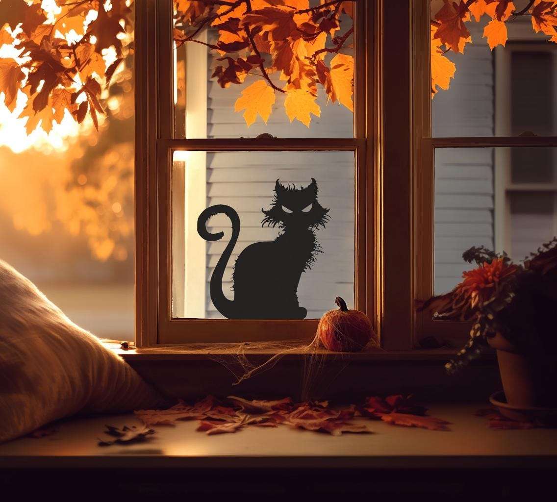 Halloween Cat Window Decal | Scary Black Cat Sticker | Spooky Vinyl Window Decor | Creepy Cat Silhouette | Halloween Window Decoration