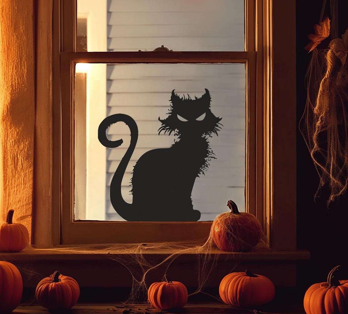 Halloween Cat Window Decal | Scary Black Cat Sticker | Spooky Vinyl Window Decor | Creepy Cat Silhouette | Halloween Window Decoration